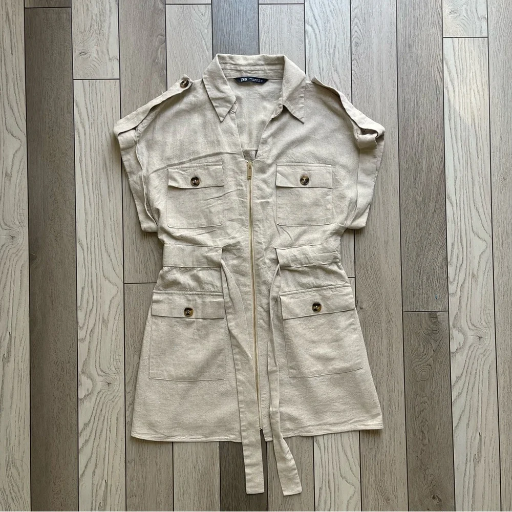 Zara linen Tan shortsleeve cargo dress